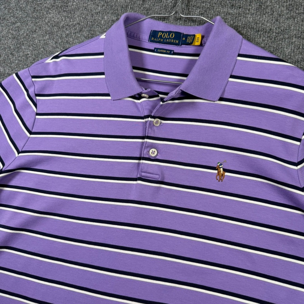 Polo Ralph Lauren Polo Shirt Mens Medium Purple Striped Classic Fit Cotton